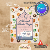 A digital Canva template for Hari Raya Eid Mubarak birthday cards, featuring a central arched frame with 'Selamat Hari Raya' and 'MAAF ZAHIR DAN BATIN' in dark blue text, surrounded by illustrations of cookies, sweets, and festive elements on a beige textured paper background. The image includes promotional badges for Canva and a seller watermark 'WiCrafty'.