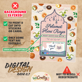 A digital design template preview for a Ramadan greeting card, titled 'Selamat Hari Raya', shown on a textured beige background with editing notes and a 'Wicrafty' logo at the bottom.