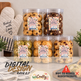 Five clear plastic jars filled with assorted cookies are arranged on a tabletop. The labels read 'Baked with Love' and show different cookie flavors.