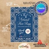 A digital Canva template for Islamic Eid Mubarak invitations, featuring a navy blue and teal geometric patterned design with a central arch containing the text 'Selamat Hari Raya' and 'Maa F Zahir Dan Batin'. The template is displayed on a textured beige paper background with various digital editing overlays, including a 'Canva' logo badge and a 'Wicrafty' brand logo at the bottom.