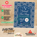 A digital design preview for a Ramadan thank you card or sticker, showing a blue patterned card layout on a parchment-style background with editing notes and the brand name WiCrafty.