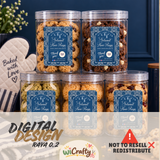 Five clear plastic jars filled with assorted cookies and dried fruits, each labeled 'Natural Honey Raza', arranged on a dark blue surface with a beige textured border. A white oven mitt with 'Baked with Love' is visible on the left.