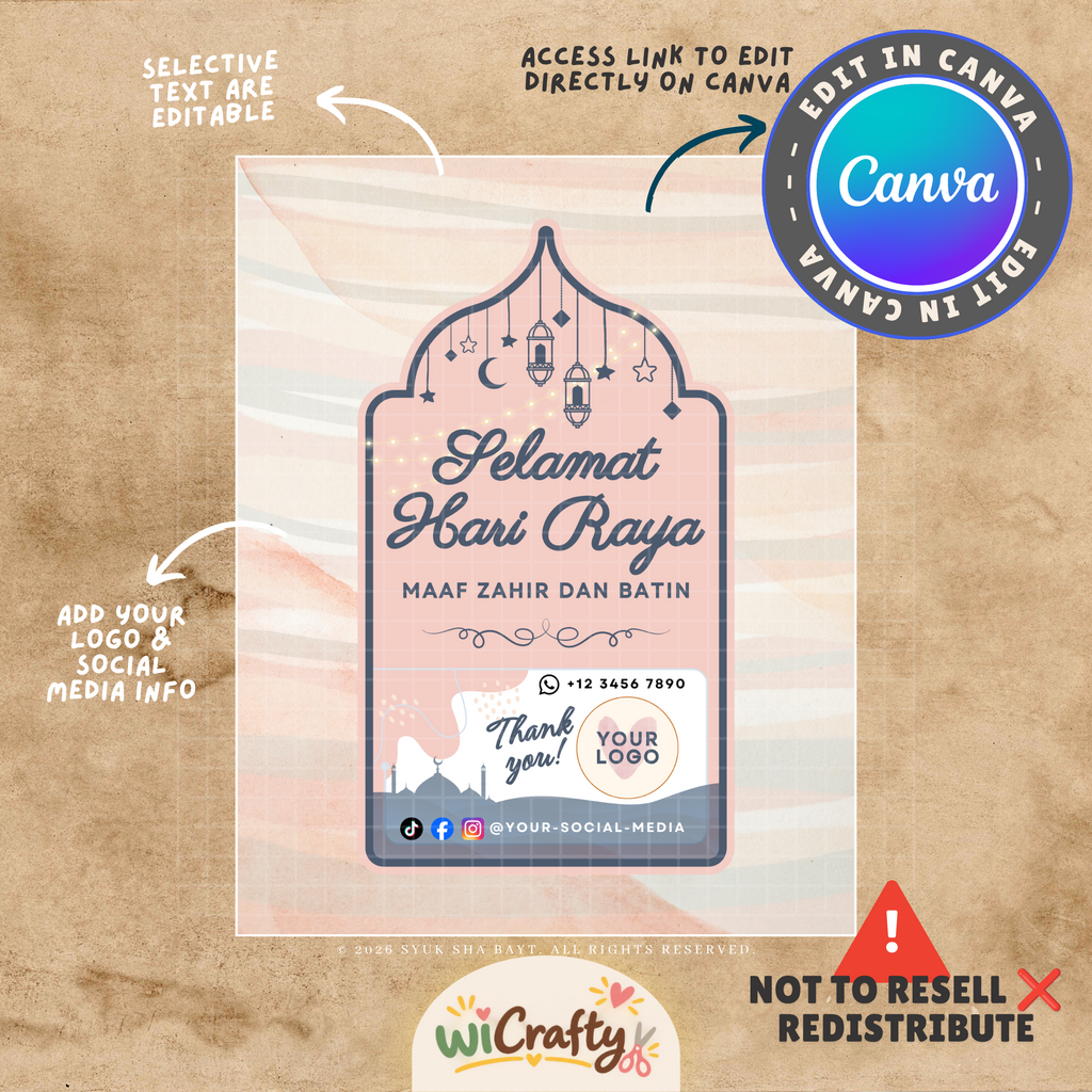 A digital Canva template preview for an Islamic birthday invitation card, shown on a textured beige paper background with editing callouts and a Canva badge. The invitation features a pink and white marbled pattern with a dark blue arch frame and Arabic greeting text.