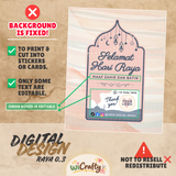 A digital design preview for a Ramadan greeting card or sticker, shown on a parchment-style background with text notes. The central design features a pink arch-shaped card with Arabic greeting text, decorative hanging lanterns, and a teal lower section with a placeholder logo area.