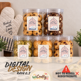 Five clear plastic jars filled with assorted cookies are arranged in a styled kitchen-like setting with a quilted oven mitt, plants, and a neutral wall. The jars have decorative labels, and the image includes promotional text overlays at the bottom.