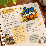 A close-up of a decorative planner or notebook page with colorful handwritten-style notes in Indonesian, including a large title reading 'Apo Nak DiKato!' and sections for reflections and mood tracking. The page is photographed on a wooden surface with a pen and part of another notebook visible. FOR ILLUSTRATION PURPOSES ONLY.