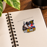 A die-cut sticker featuring a PUBG-style player character with the text 'ONXON?!'. FOR ILLUSTRATION PURPOSES ONLY.